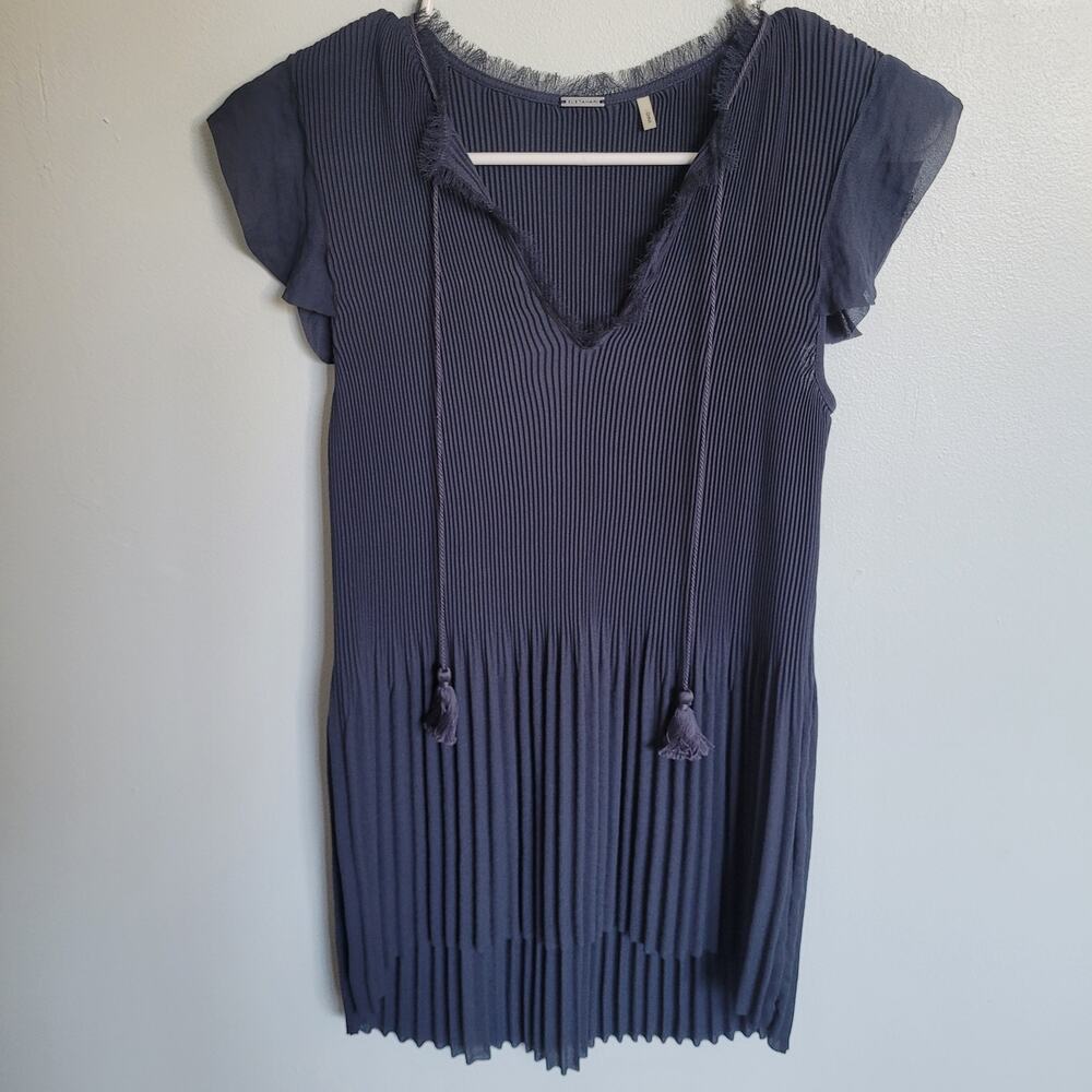 Eli Tahari Women's XS Navy Blue Pleated Flutter Sleeve Fringe Top Blouse Tunic